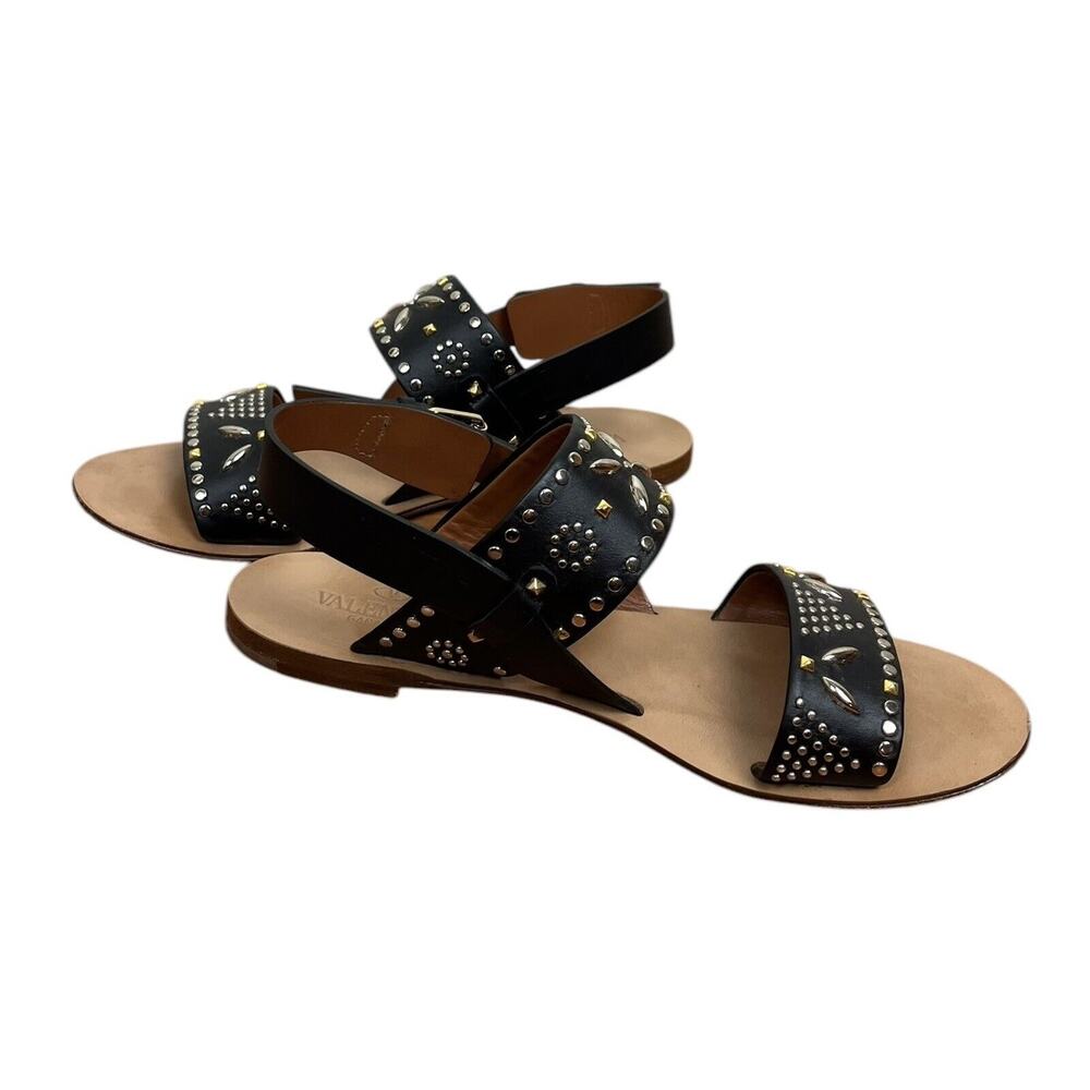Valentino Garavani Black Suede Studded Flat Vacation Sandals Authentic Size 37.5 - Picture 5 of 12